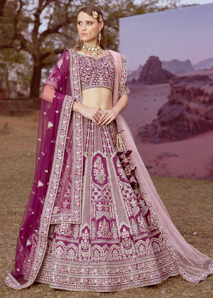 Purple Pure silk Moti, Sequins embroidery Bridal Lehenga