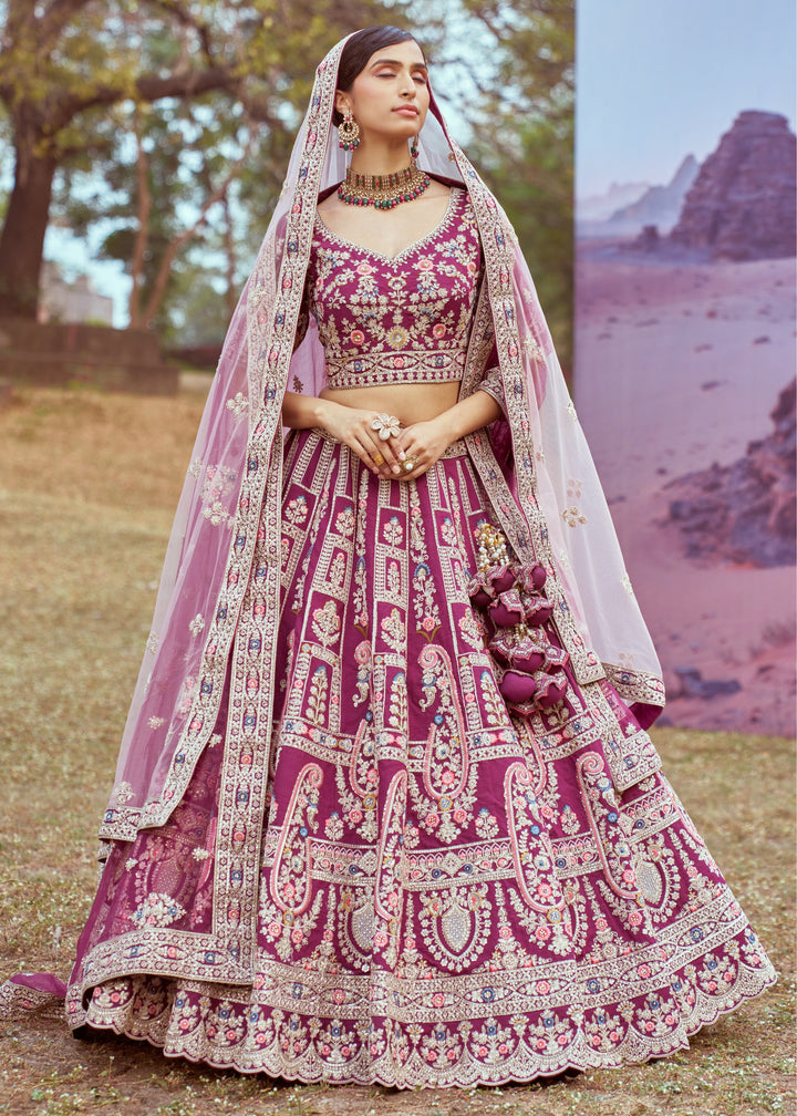 Purple Pure silk Moti, Coding embroidery Bridal Lehenga