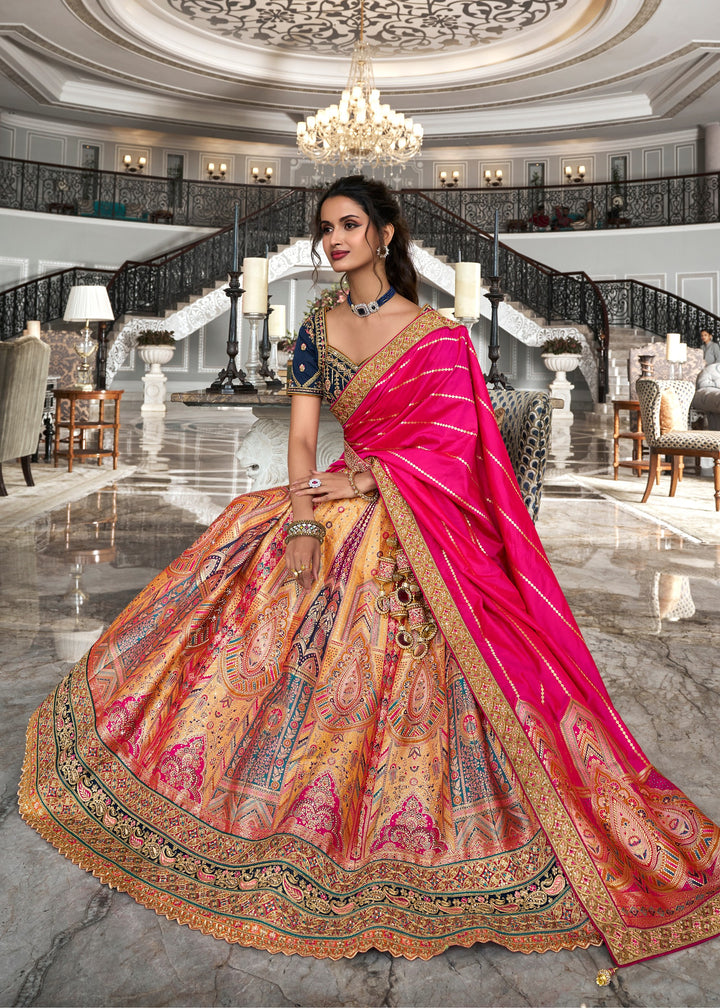 Dark Blue & Bright Pink Banarasi Silk Lehenga with Zarkan Codding work