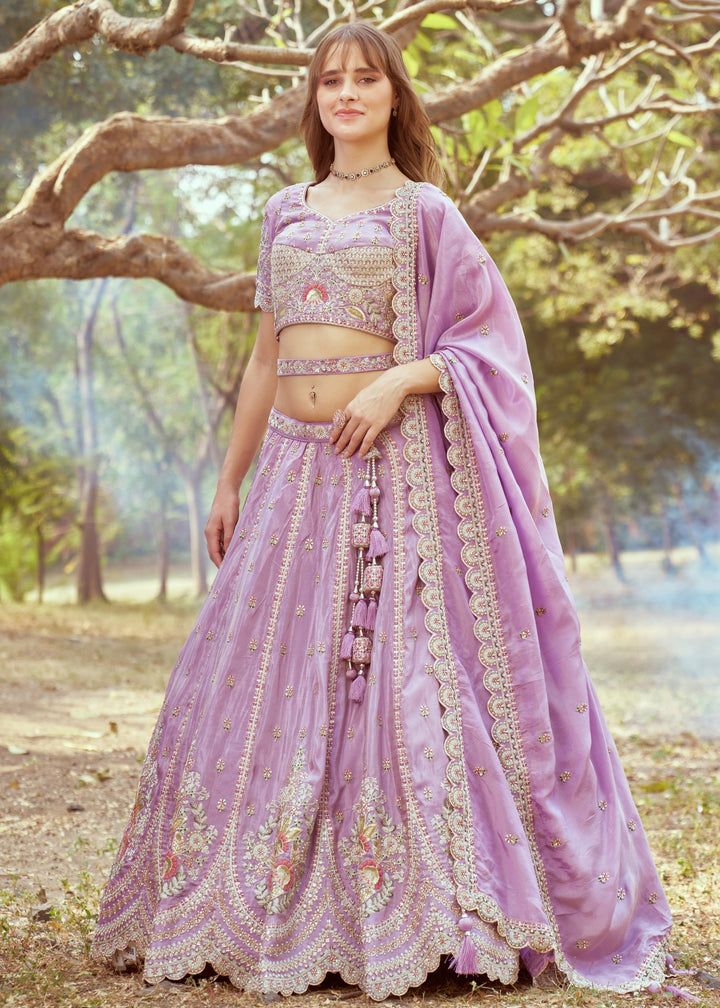 Lavender Gold crushed Tissue Fabric Moti, Zari work Lehenga