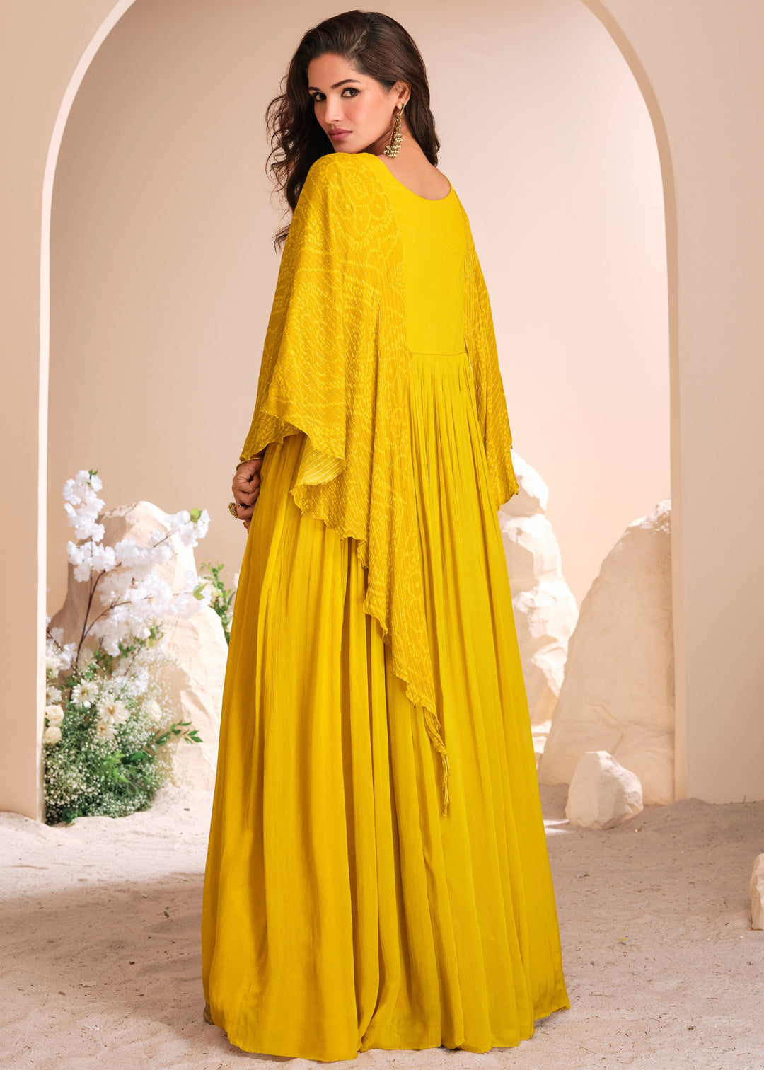 Aureolin Yellow Moti Embroidered Chinon Silk Gown With Digital Sleeves