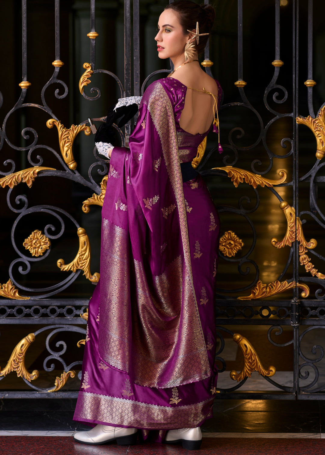 Irish Purple Satin Mungha Silk Saree