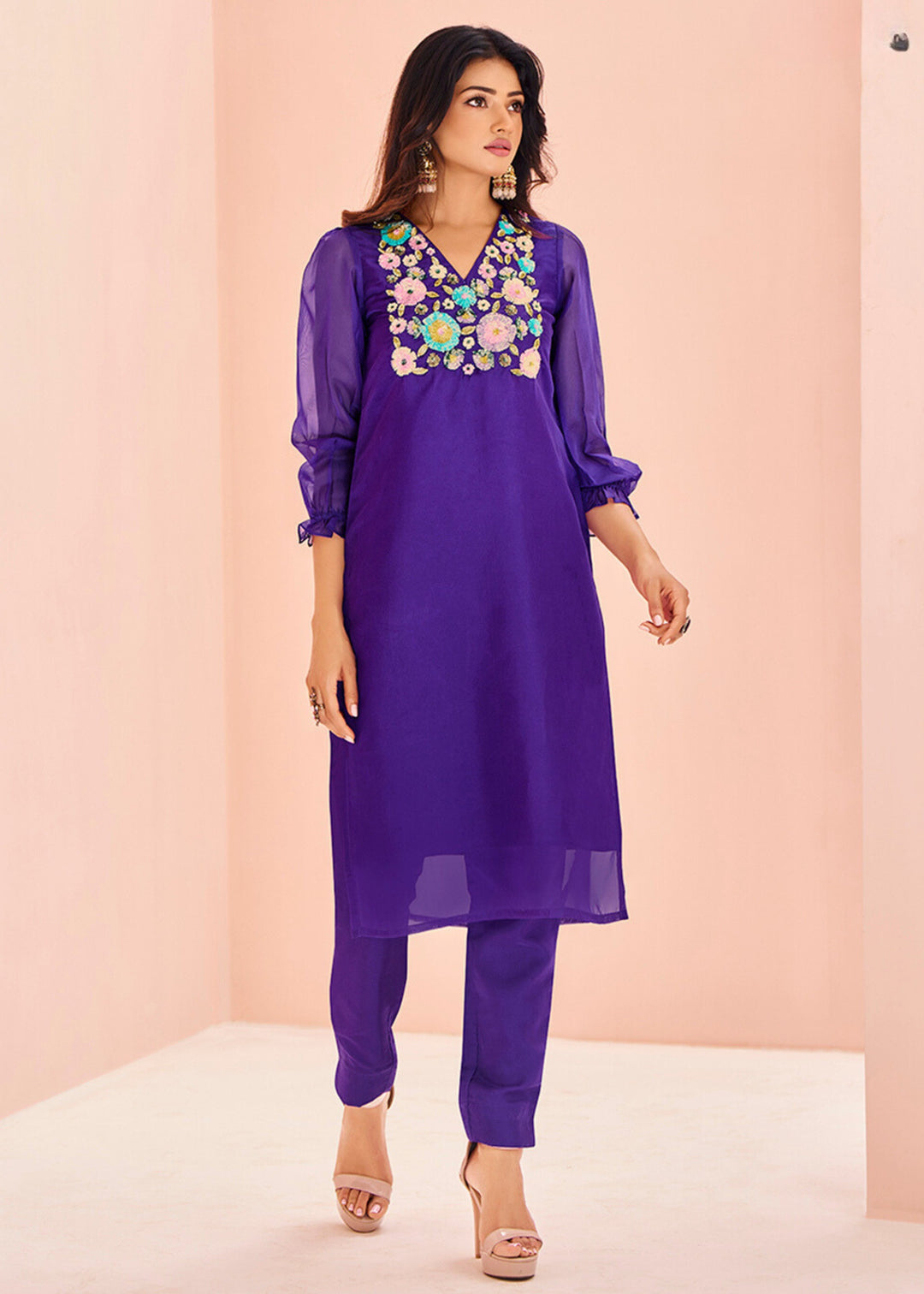 Vibrant Purple Organza Handwork Kurta with Pant