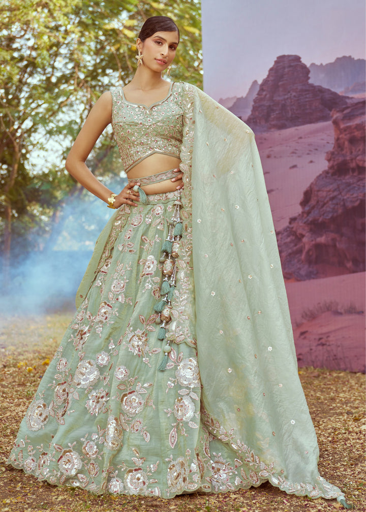 Lime Green Organza Sequins embroidery Lehenga