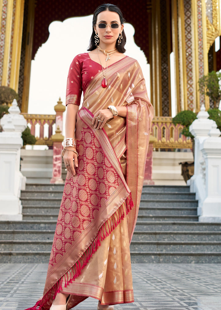 Shades of Red Tissue Silk Saree With Zari Weaving And Contrast Blouse