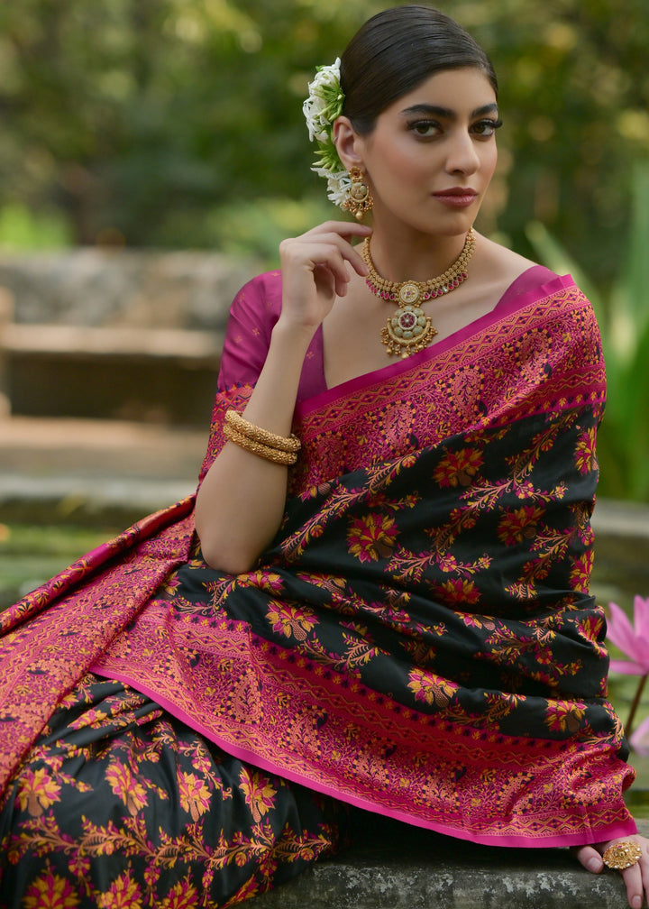 Raven Black Thread Woven Pashmina Silk Saree With Heavy Thread Woven Pallu