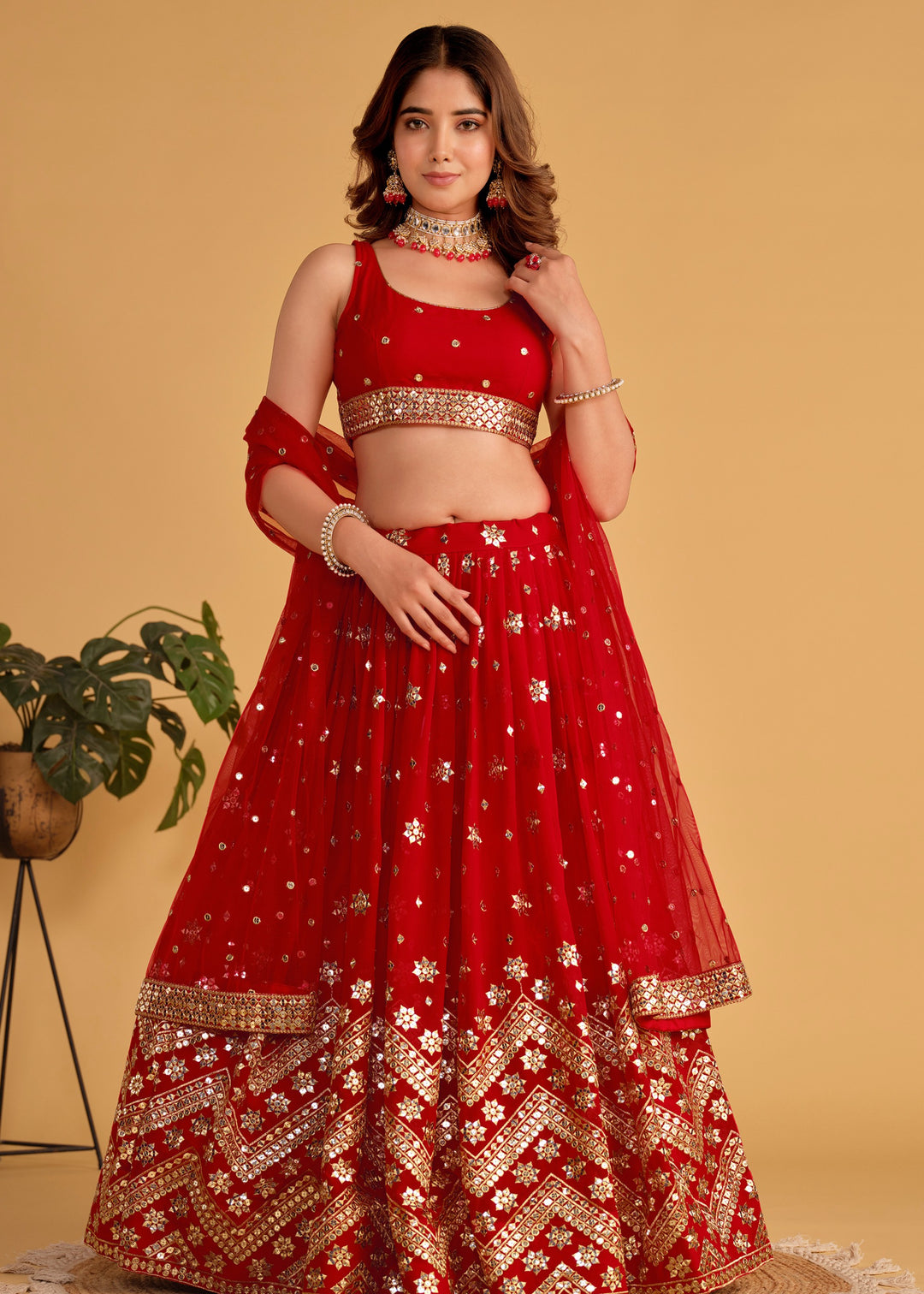 Scarlet Red Georgette Lehenga Choli With Sequins Zari Embroidered Work