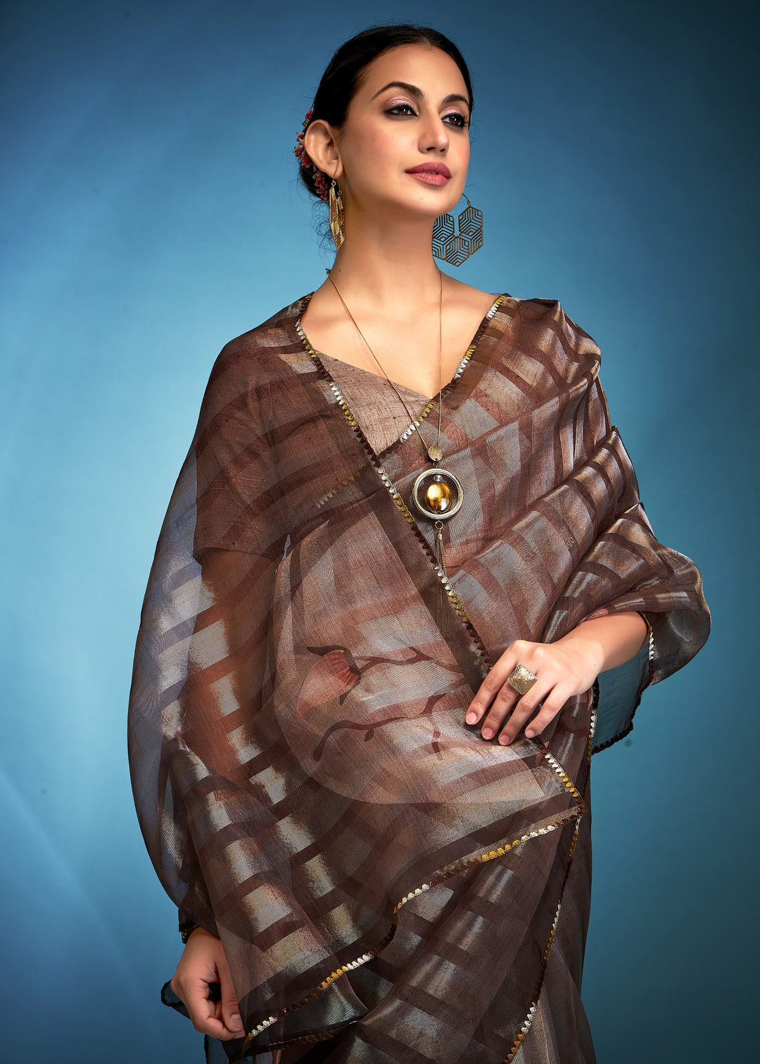 Bronze Brown Tissue Silk Saree With Floral Print