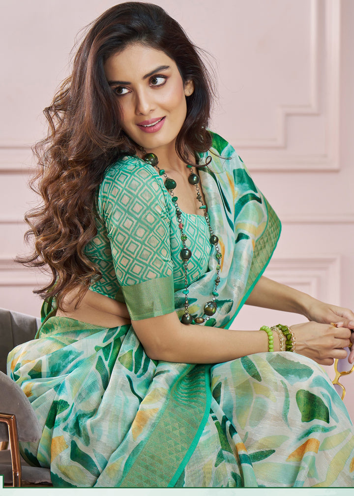 Mint Green Soft Zari Based Modal Silk Saree With Beautiful Colorfull Print