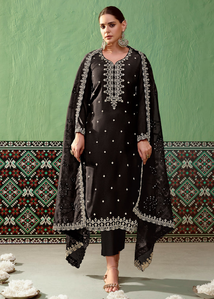 Black Pure Bamber Silk with Embroidery Salwar Suit