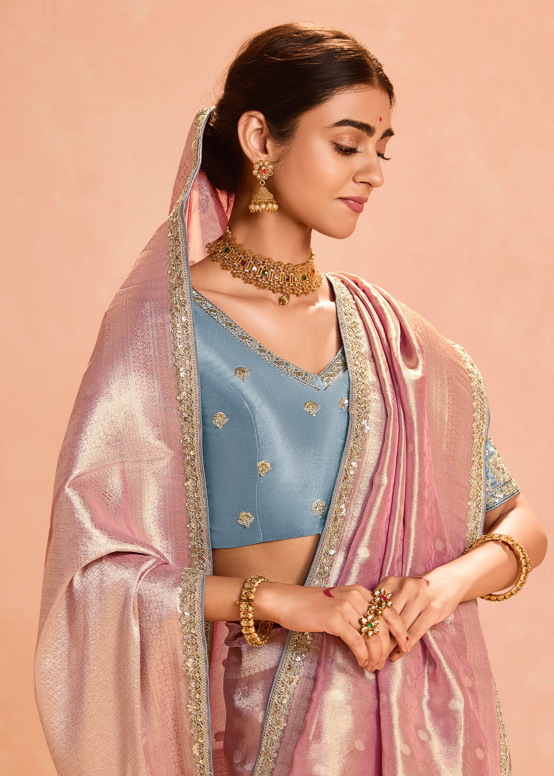 Blush Pink Zari Tissue Silk Saree With Weaving Work And Heavy Embroidery Lace : Top Pick