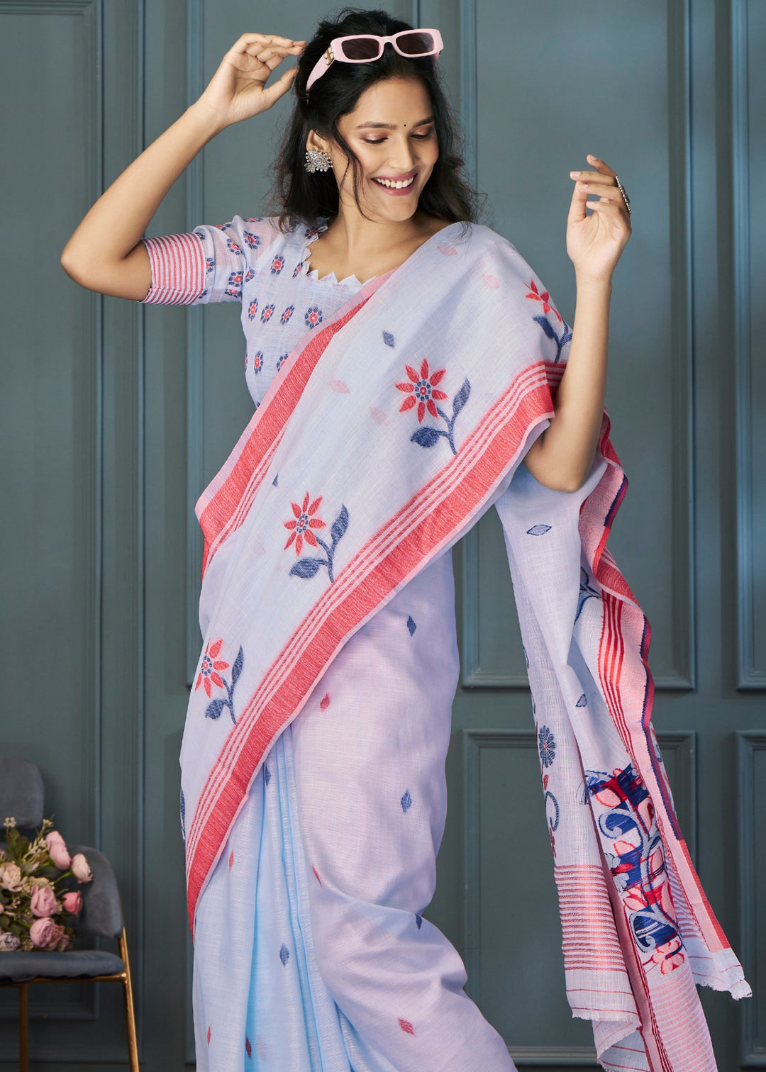 Powder Blue Handloom Linen Silk Saree with Beautiful Weaving