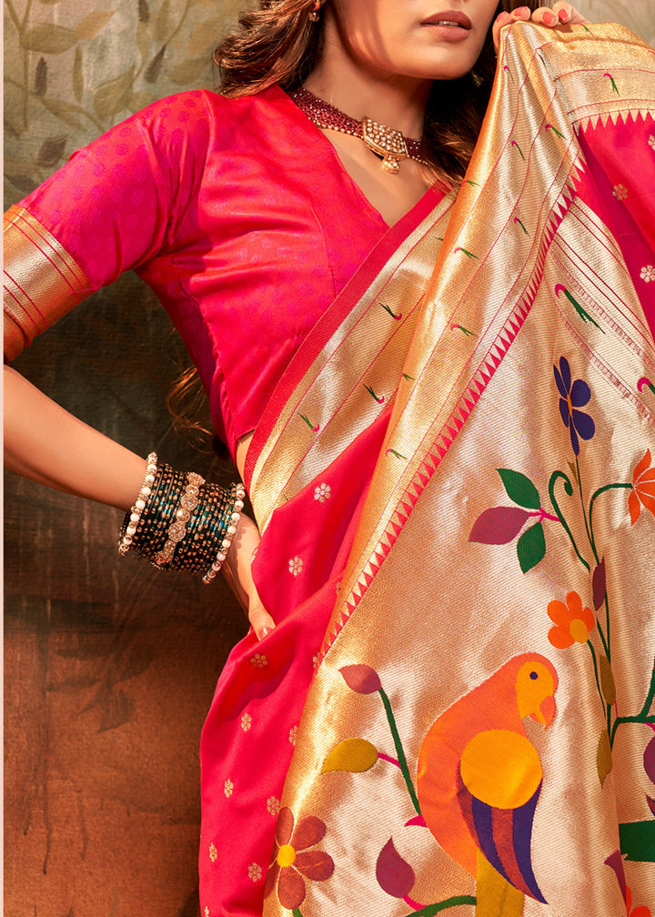 Strawberry Pink Paithani Silk Saree With Zari Weaving