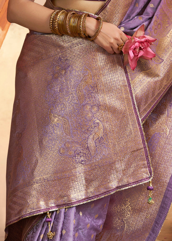 Amethyst Purple Satin Silk Saree With Beautiful Lace Border And Heavy Designer Embroidered Blouse