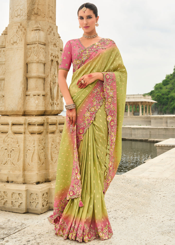 Volt Green Viscose Tissue Silk Saree With Embroidery Cut Work Border And Sequence Work