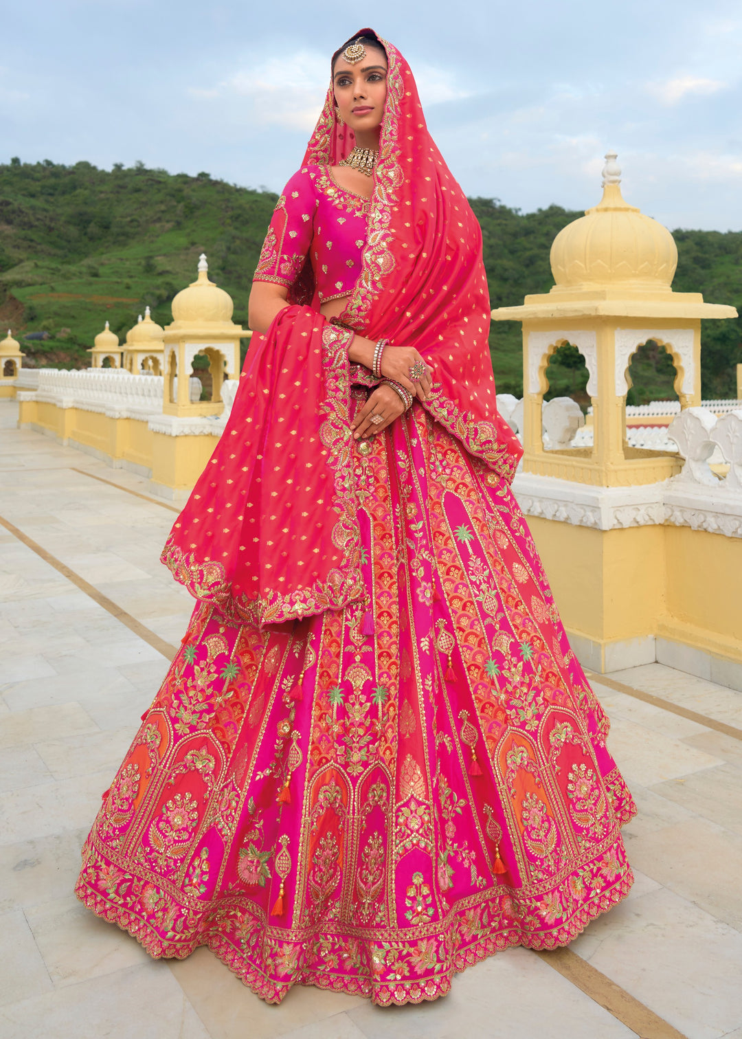 Magenta Pink And Orange Banarasi Silk Lehenga With Heavy Embroidery Work