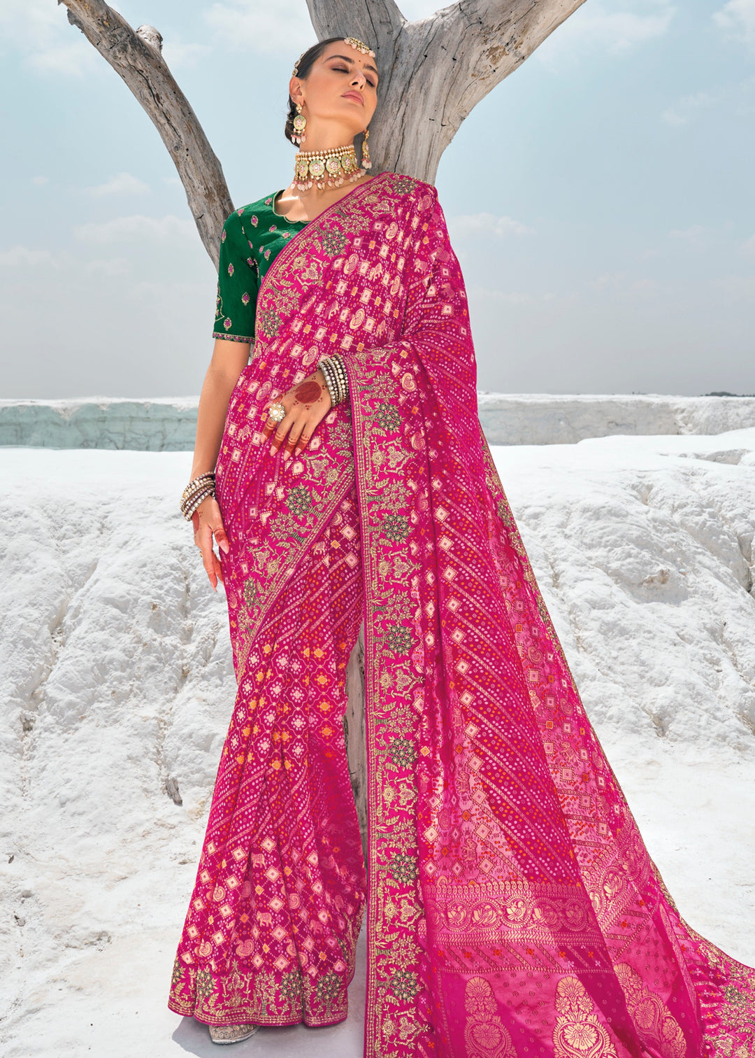 Barbie Pink Pure Georgette Bandhani Patola With Zari Weaving Heavy Work Saree