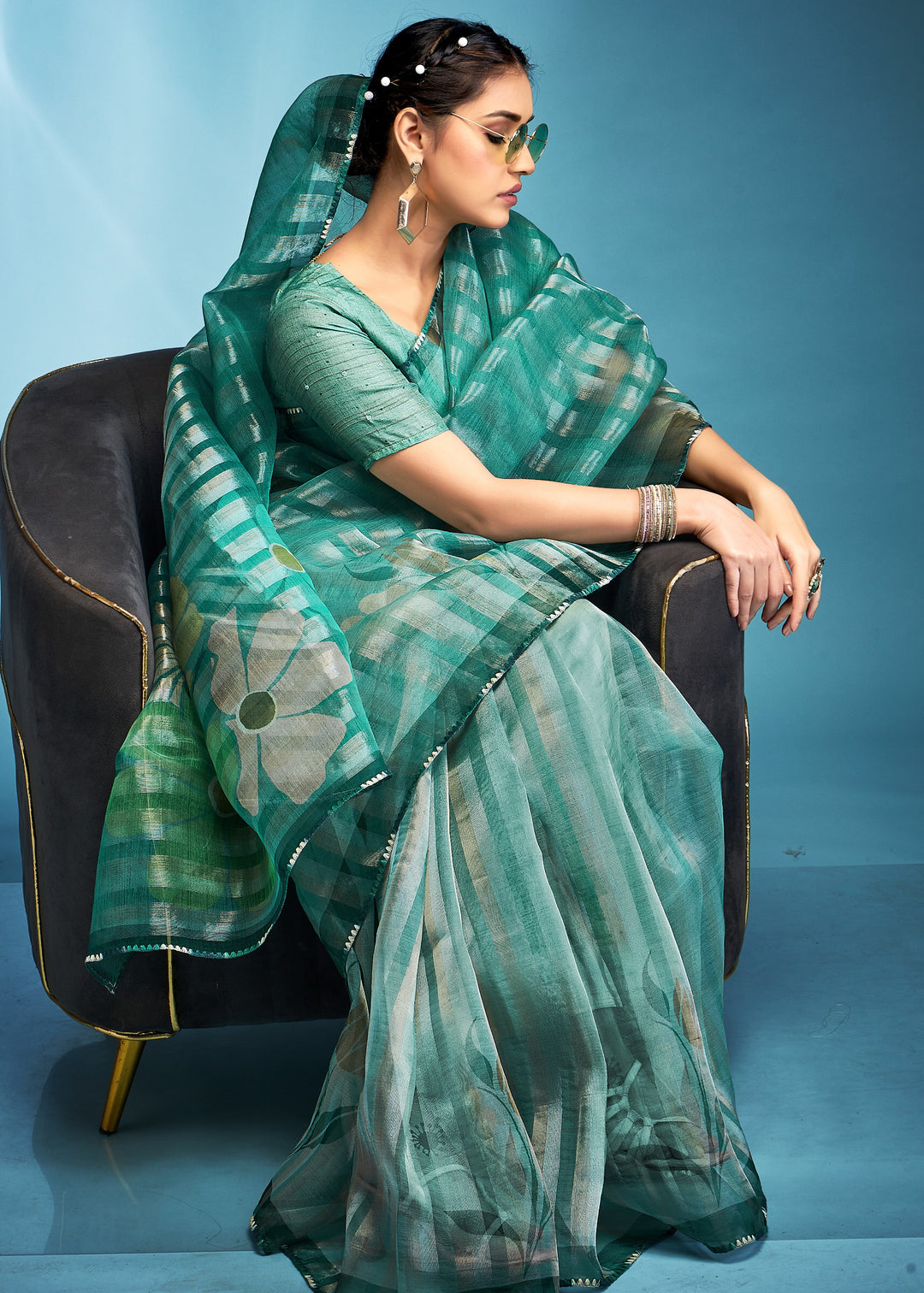 Jade Green Tissue Silk Saree With Floral Print