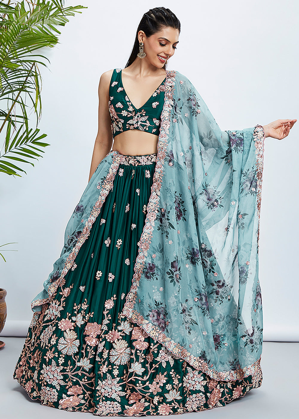 Dark Green Georgette Lehenga Choli with Sequins & Thread Embroidery work