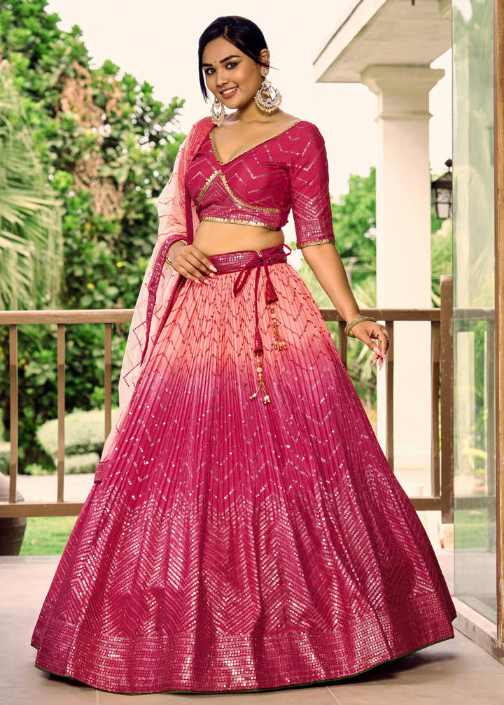 Hot Pink Chinon Silk Lehenga With Sequence and Thread Embroidery Work