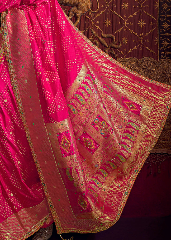 Brink Pink Pure Viscose Dola Silk Saree With Handwork On Blouse And Pallu