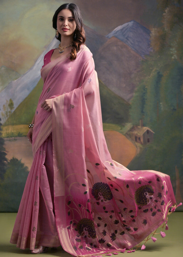 Light Pink Thread Woven Cotton Saree With Contrast Blouse And Pallu