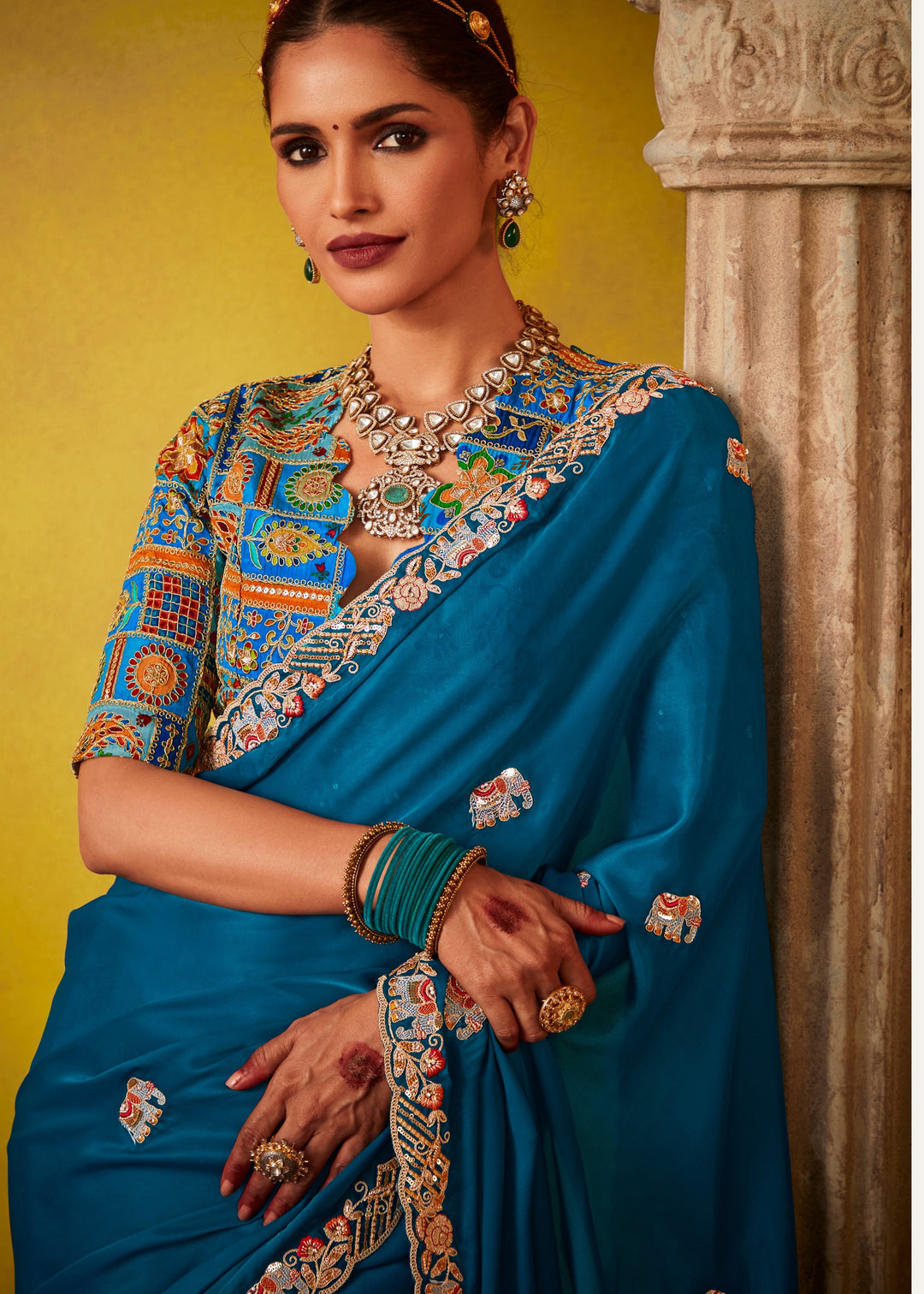 Teal Blue Glass Tissue Silk Saree With Sequins And Thread Embroidered Work