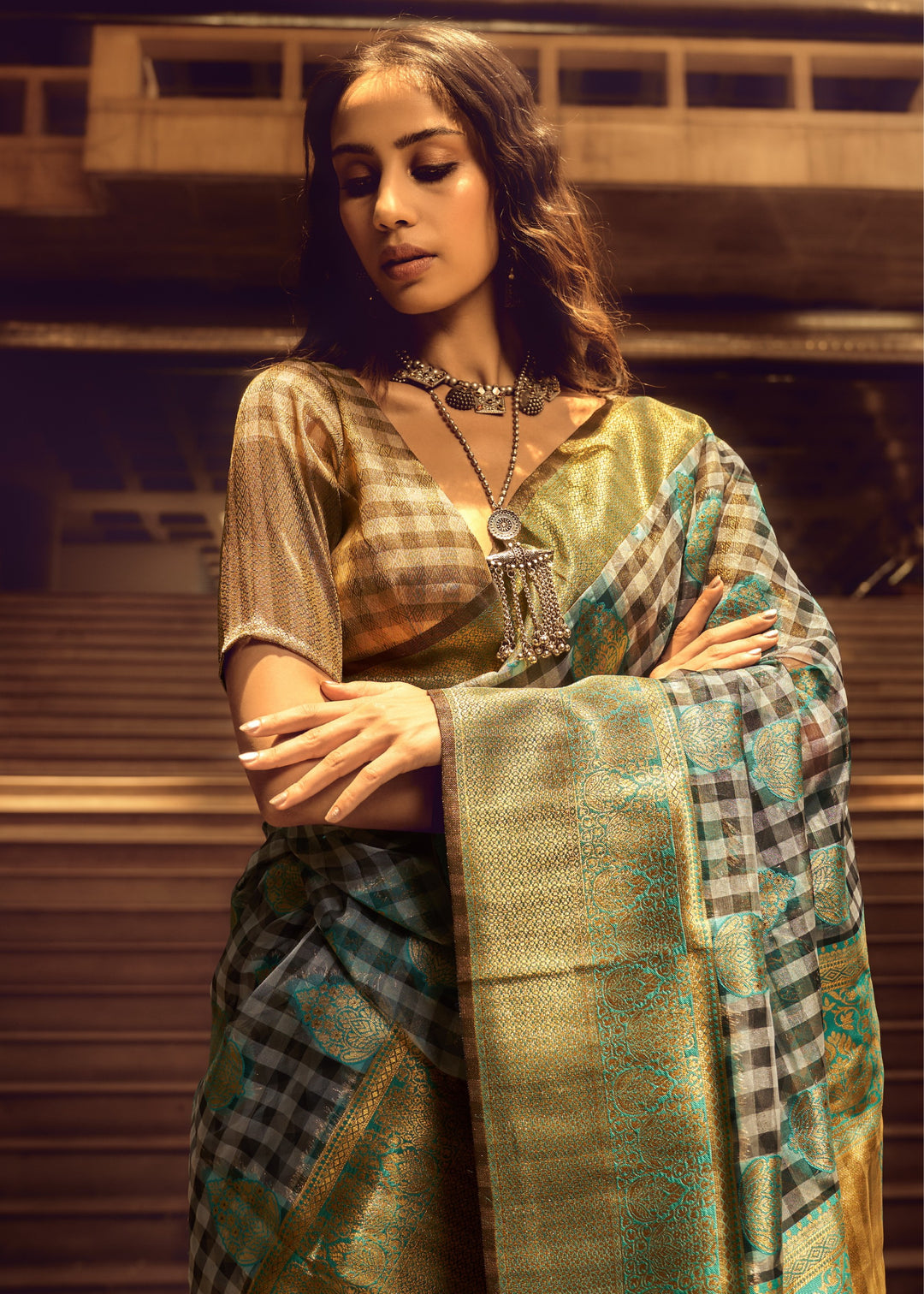 Green Check Handloom Weaving Silk Saree