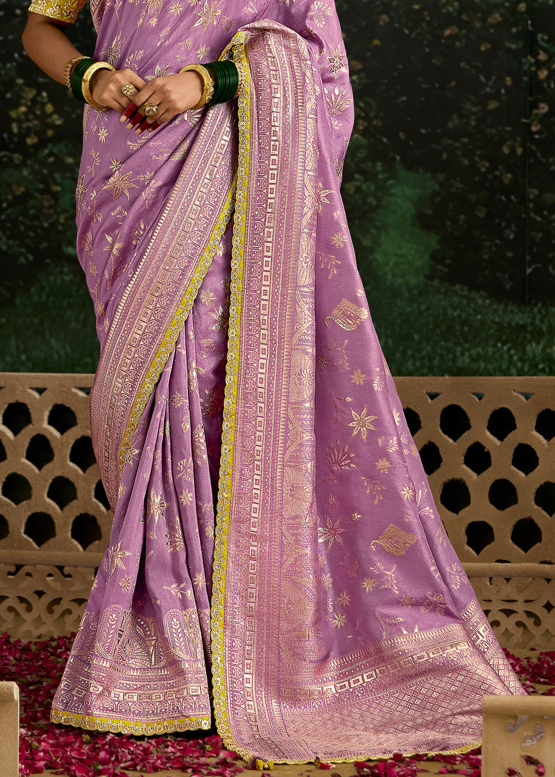 Lavender and Yellow Viscose silk Saree with Zari work