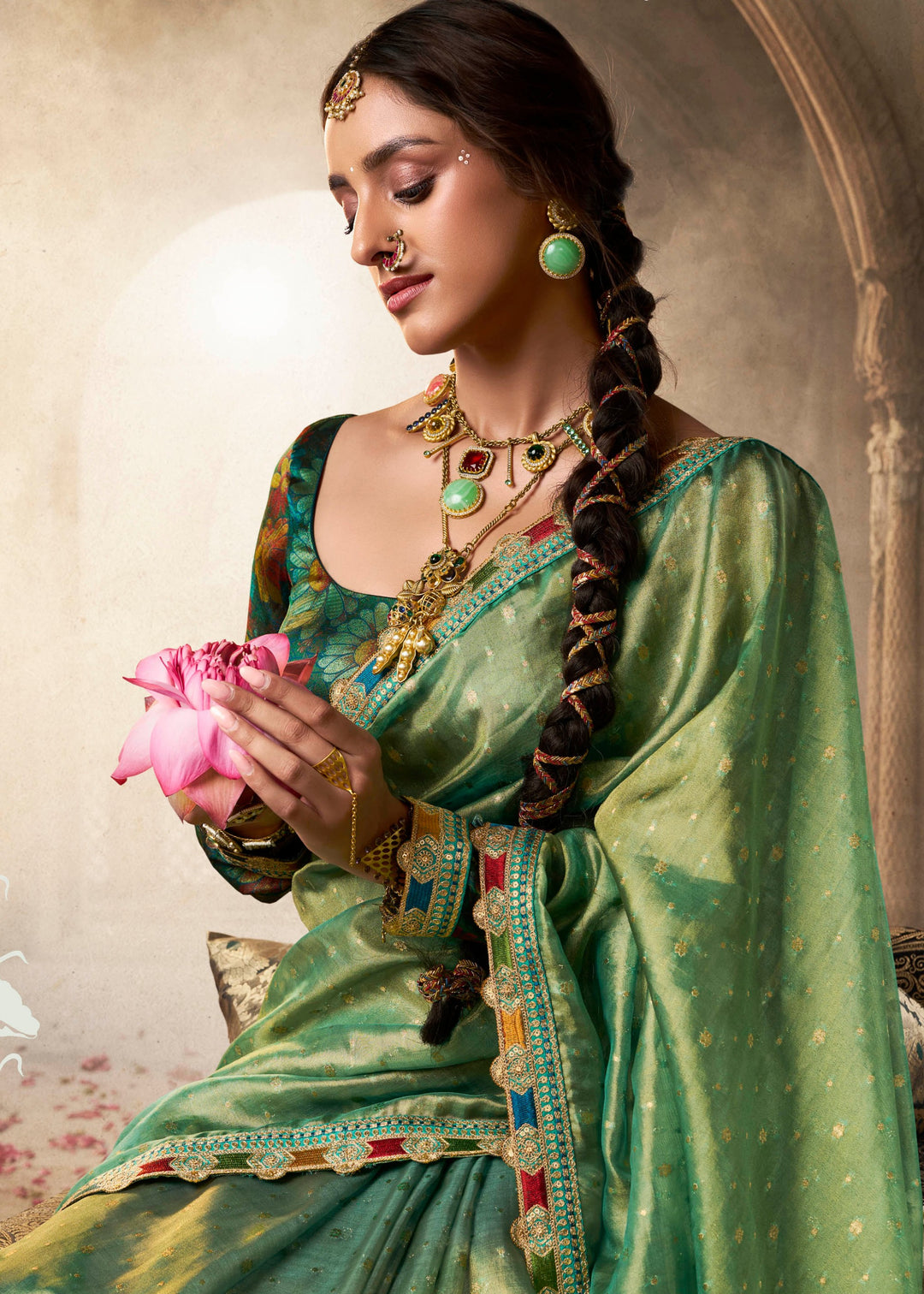 Viridian Green Tissue Silk Saree With Multicolored Lace & Designer Blouse