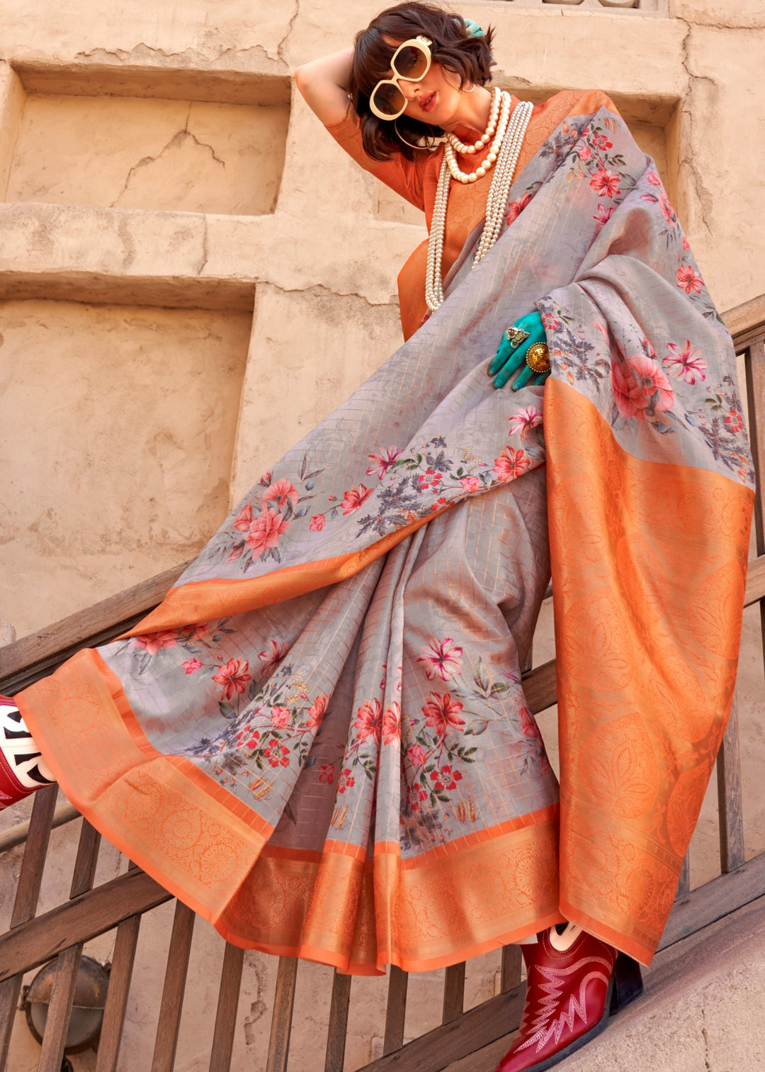 Orange and Gray Printed Handloom Georgette Saree