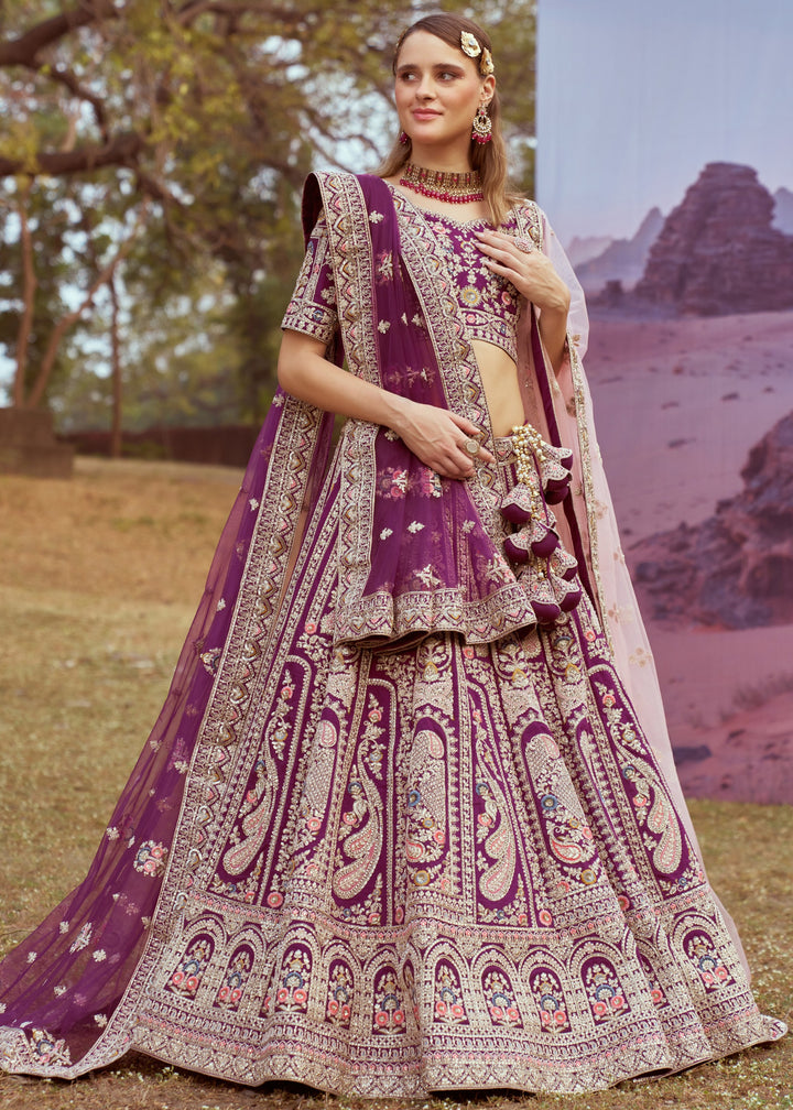 Purple Pure Silk Moti Coding Embroidery Bridal Lehenga