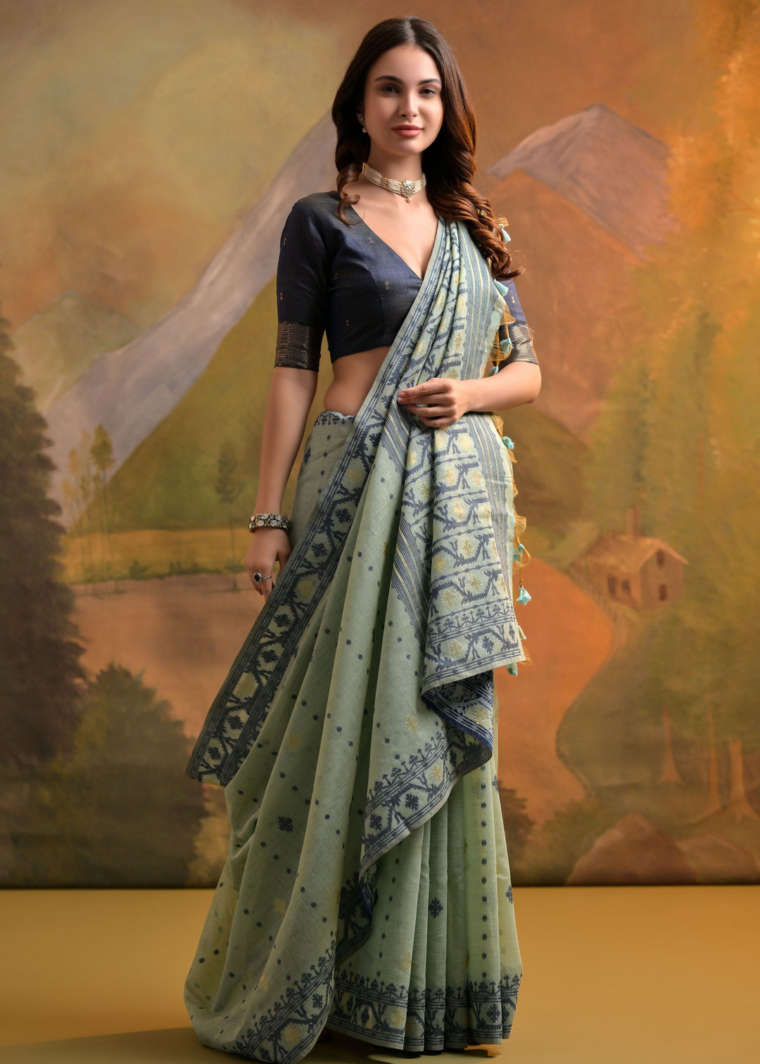 Ocean Green Thread Woven Cotton Saree With All Over Butti