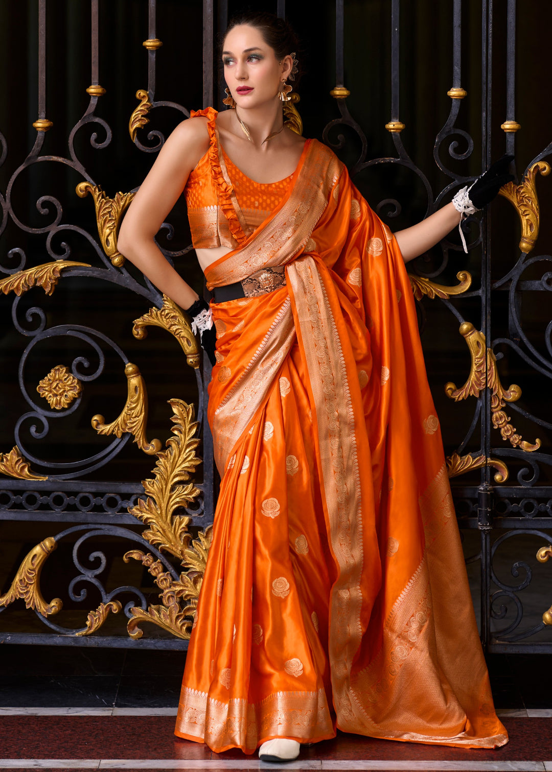 Neon Orange Satin Mungha Silk Saree