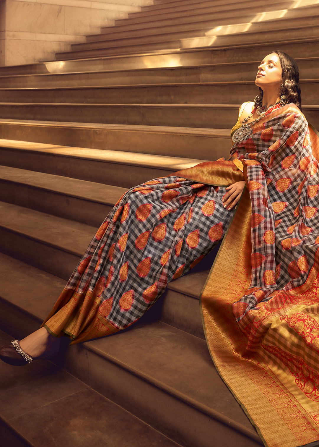 Orange Check Handloom Weaving Silk Saree