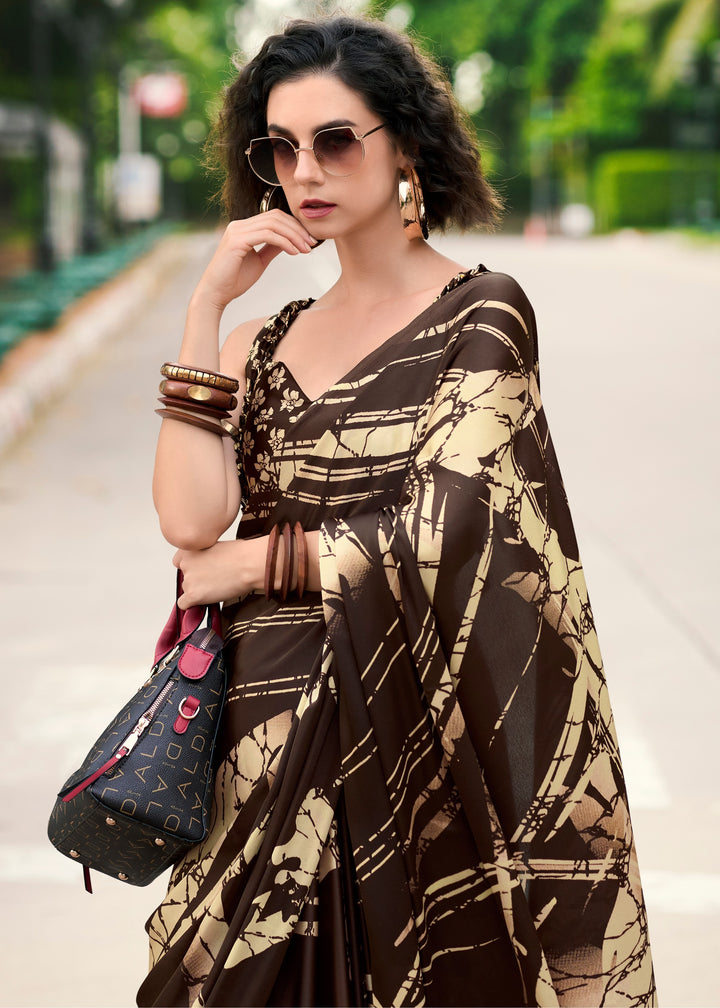 Mocha Brown Printed Satin Silk Saree