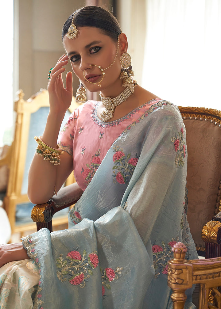 Light Blue And White Fancy Tissue Saree With Unique Work And Designer Blouse