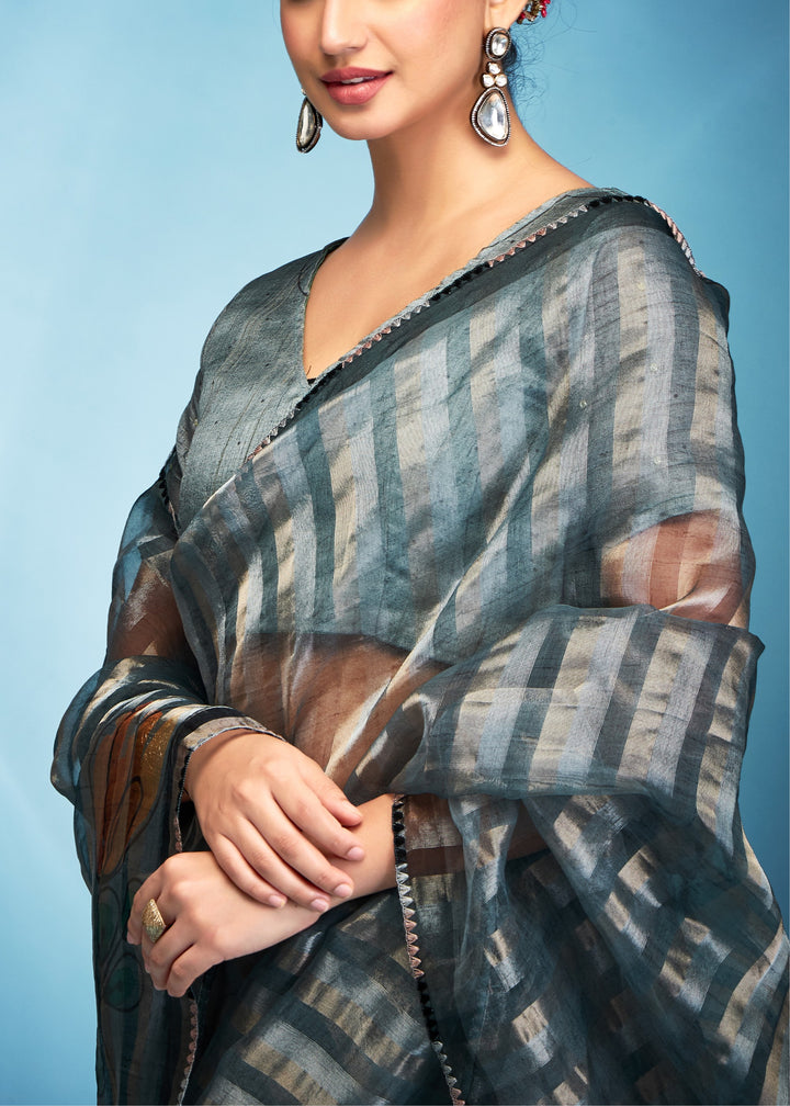 Iron Grey Tissue Silk Saree With Floral Print