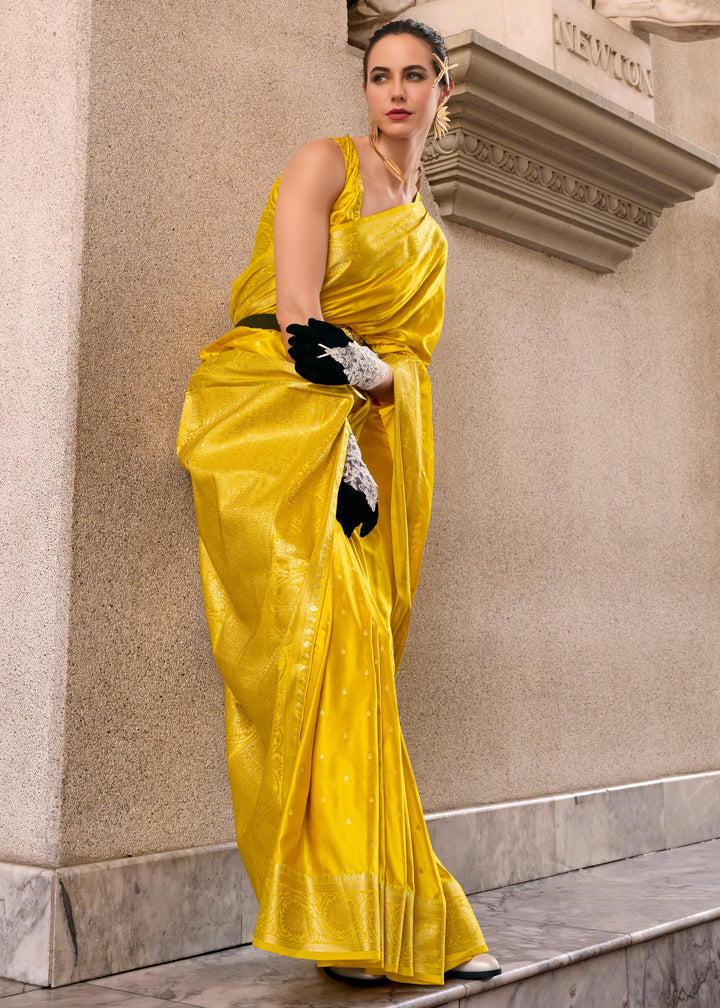 Canary Yellow Satin Mungha Silk Saree