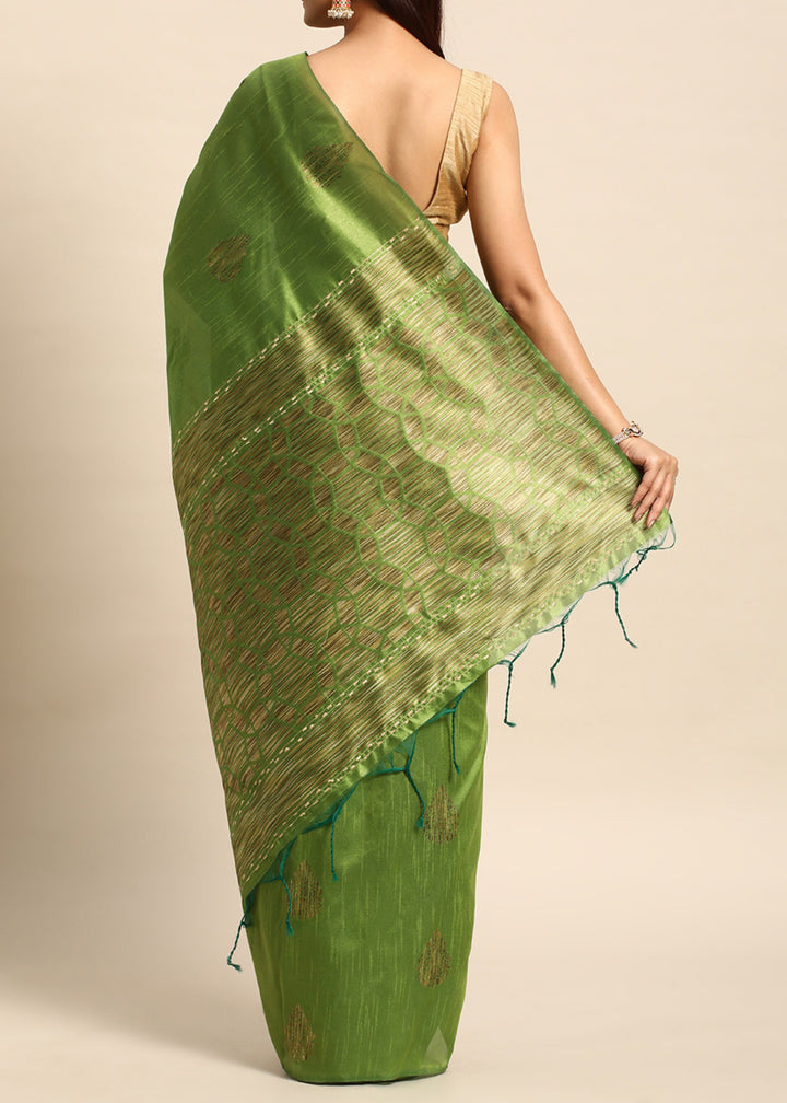 Waitrose Green Woven Handloom Raw Silk Saree