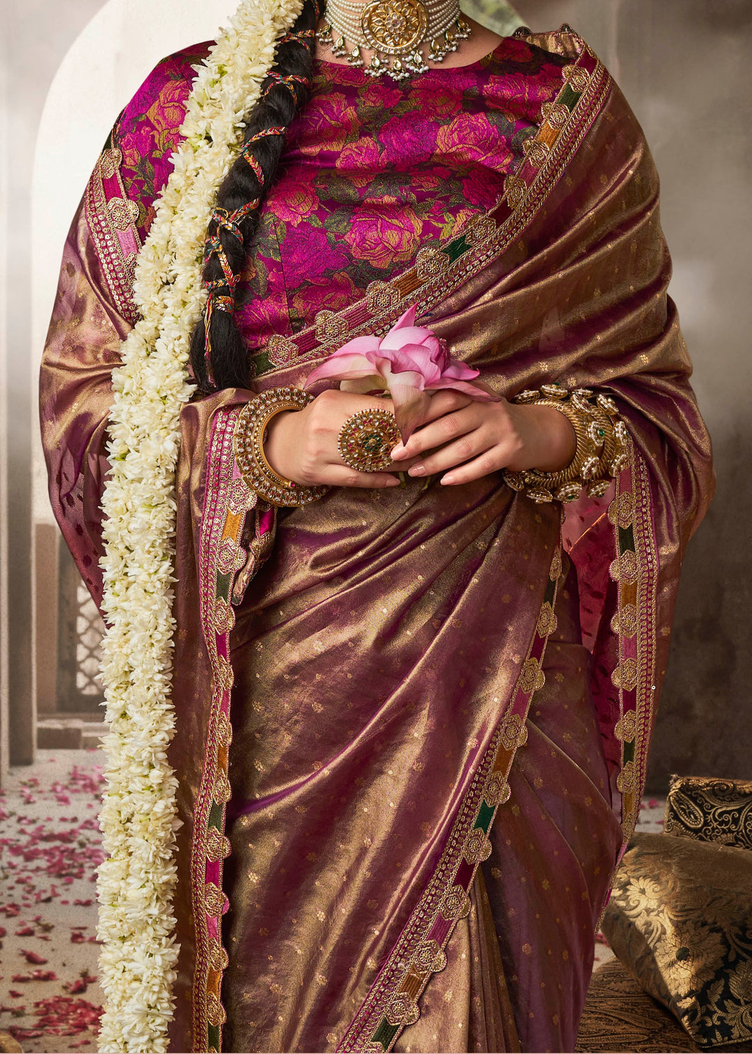 Purpleish Tissue Silk Saree With Multicolored Lace & Designer Blouse