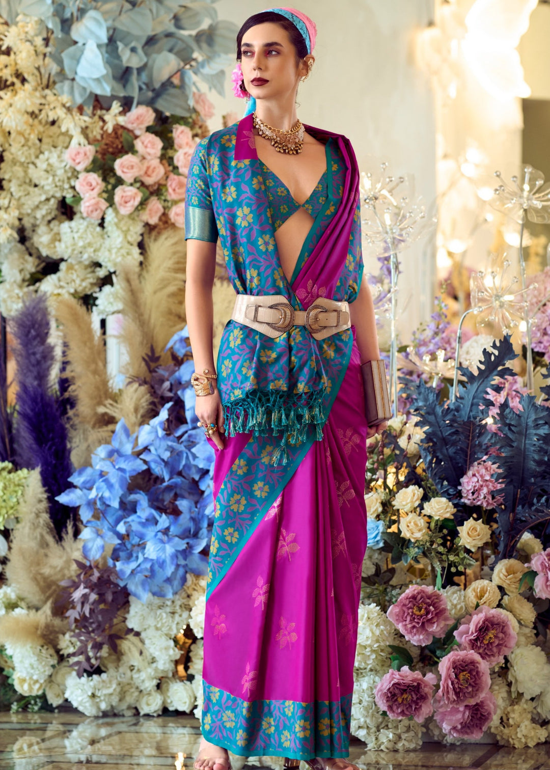 Magenta Pink Soft Silk Saree With Ikkat Border