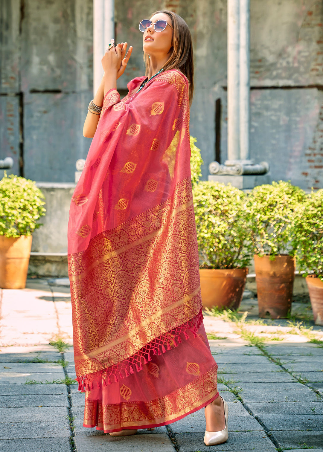 Coral Pink Soft Tissue Silk Saree With Contrast Border