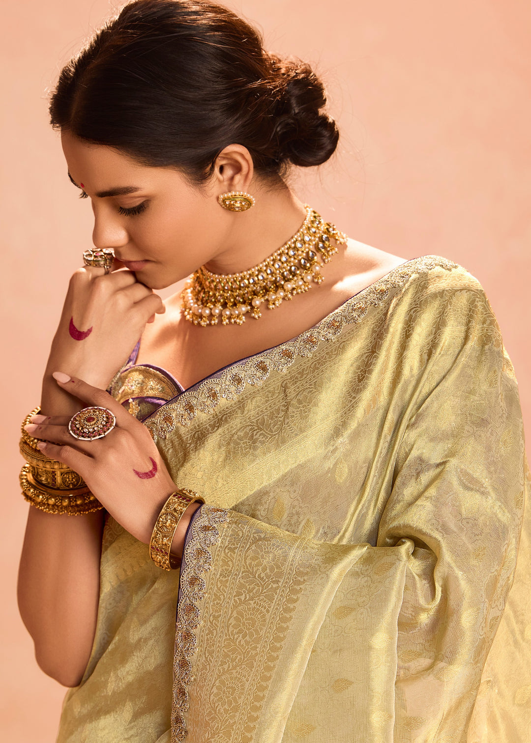 Golden Zari Tissue Silk Saree With Weaving Work And Heavy Embroidery Lace