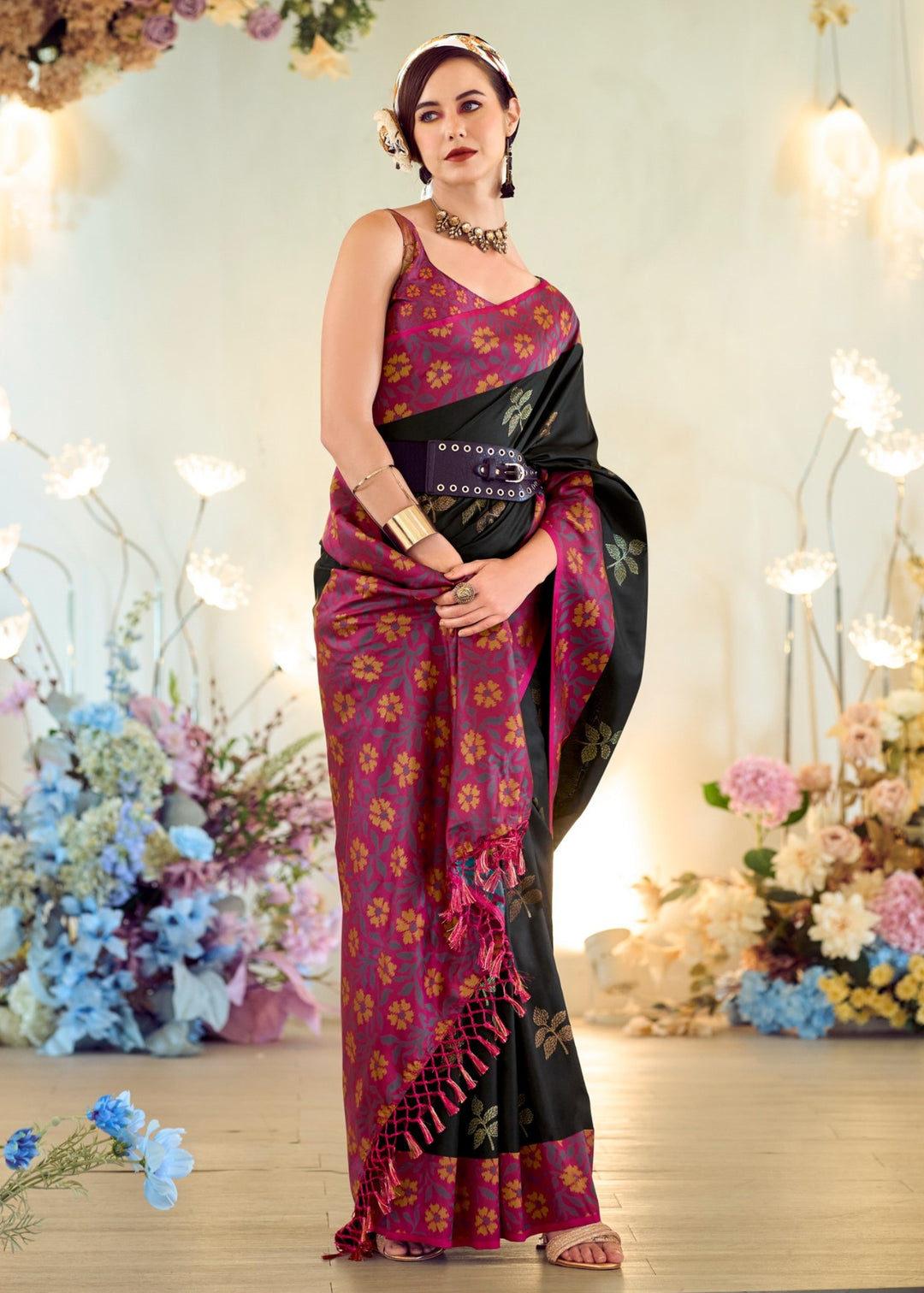 Sable Black Soft Silk Saree With Ikkat Border