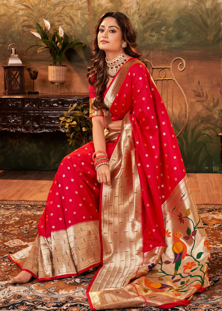 Scarlet Red Paithani Silk Saree With Zari Weaving