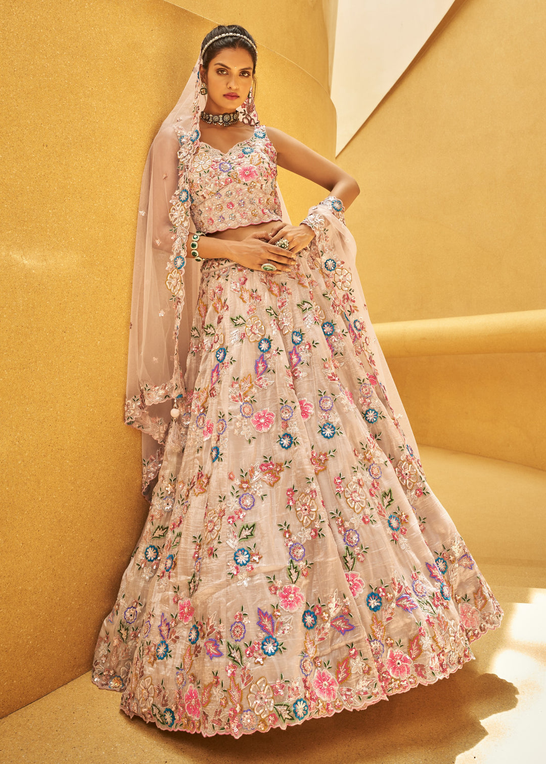 Rose Gold Organza Fabric Sequins Work Lehenga