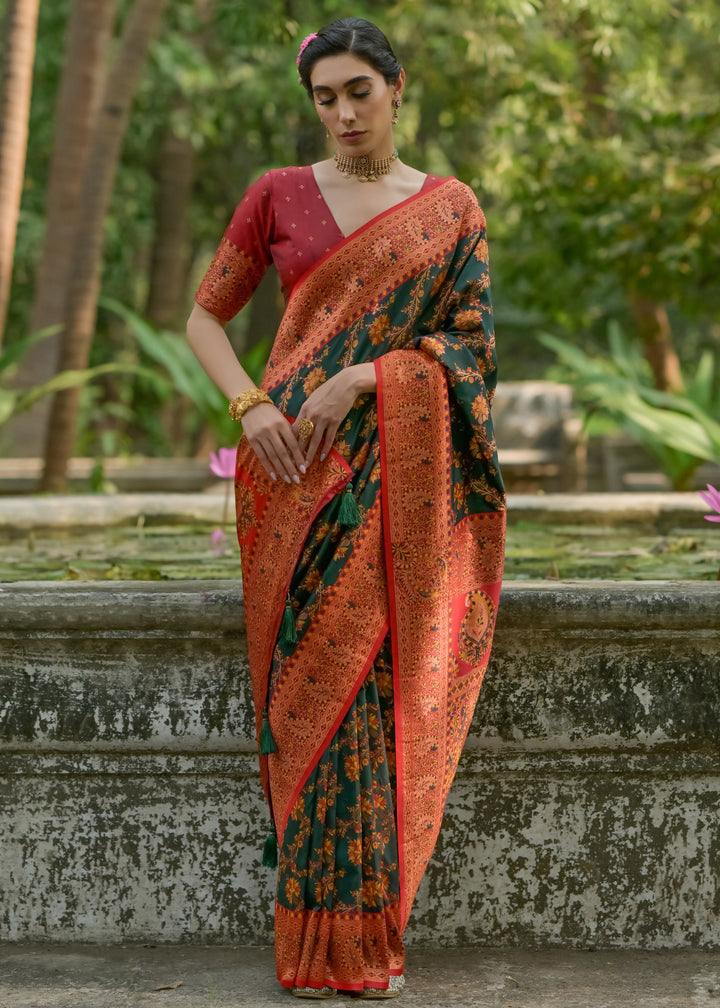 Dark Green Thread Woven Pashmina Silk Saree With Heavy Thread Woven Pallu