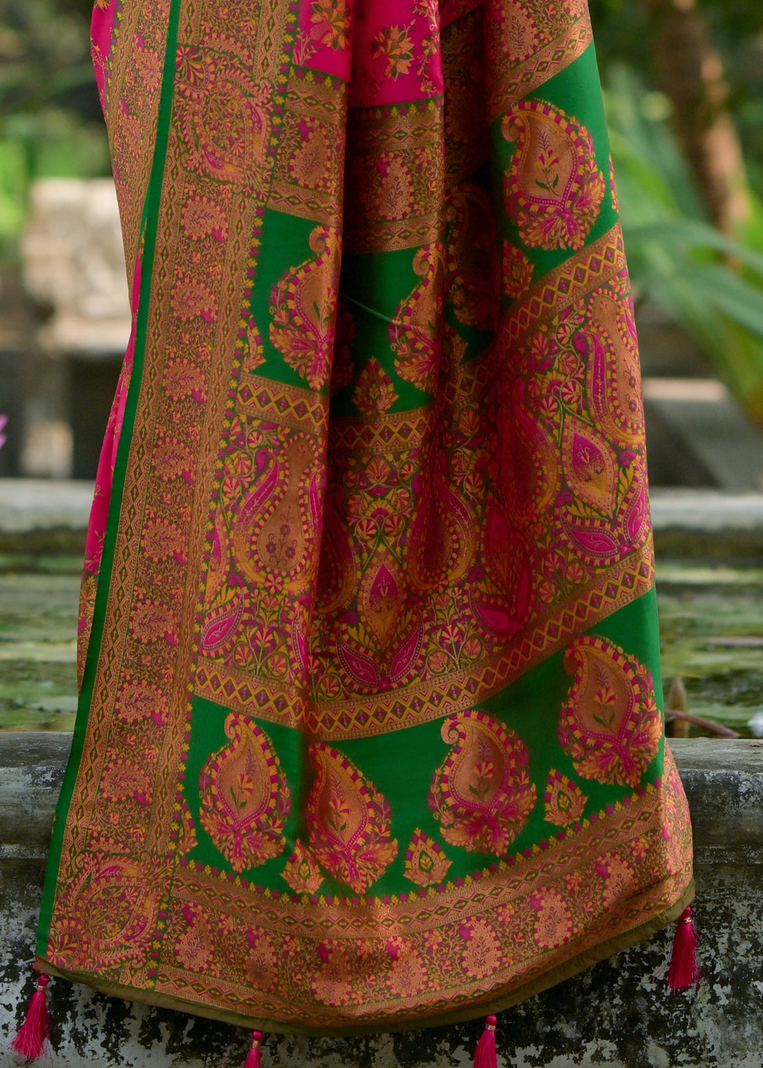 French Pink Thread Woven Pashmina Silk Saree With Heavy Thread Woven Pallu