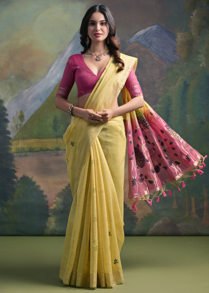 Lemon Yellow Thread Woven Cotton Saree With Contrast Blouse And Pallu